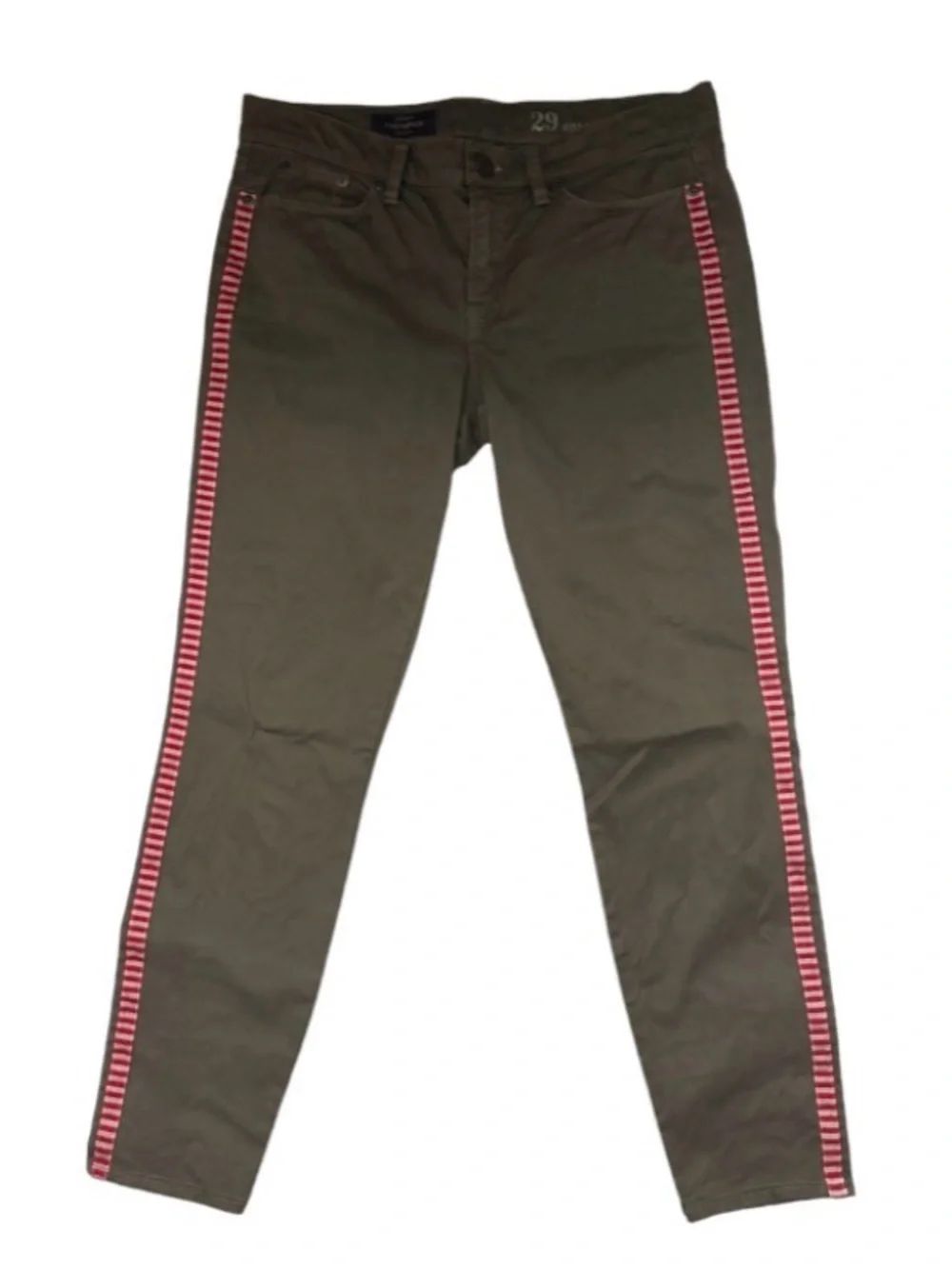 J. Crew Toothpink Ankle Jeans- Olive with Embroidered Red Stripe